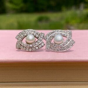 925 Sterling Silver Pearl & Clear CZ Eye/Wrap Design Post Earrings